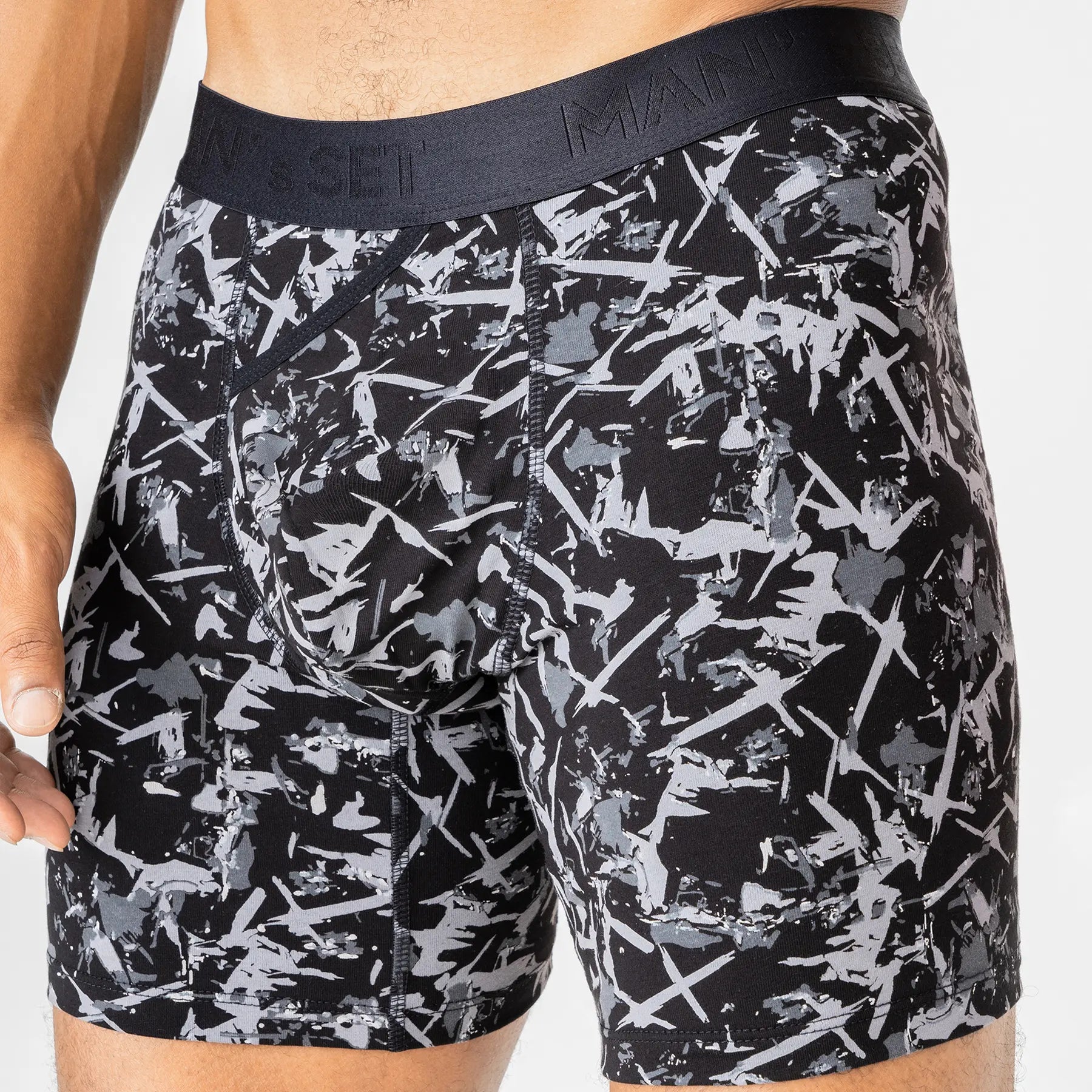 Man’s SET UltraSoft boxer briefs, Ink Splash print, breathable anatomical men’s underwear with open fly, close-up view