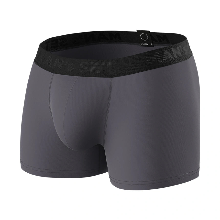 Man’s SET graphite PowerStretch trunk 3.9", anatomical men’s underwear with supportive pouch, angled front view