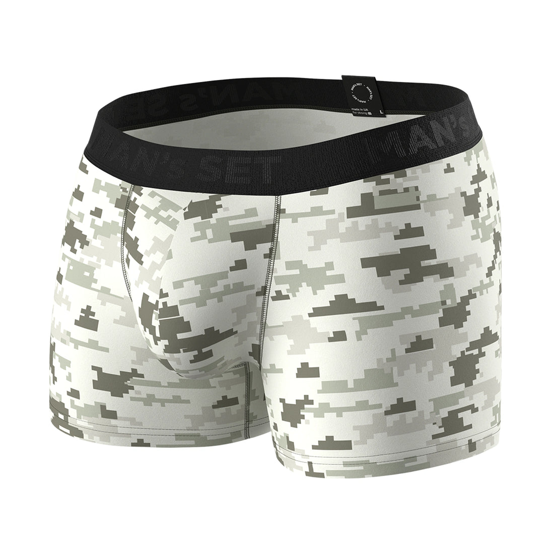 Man’s SET PowerStretch men’s trunk underwear in Pixel Camo print, breathable fabric with contour pouch, front angle view