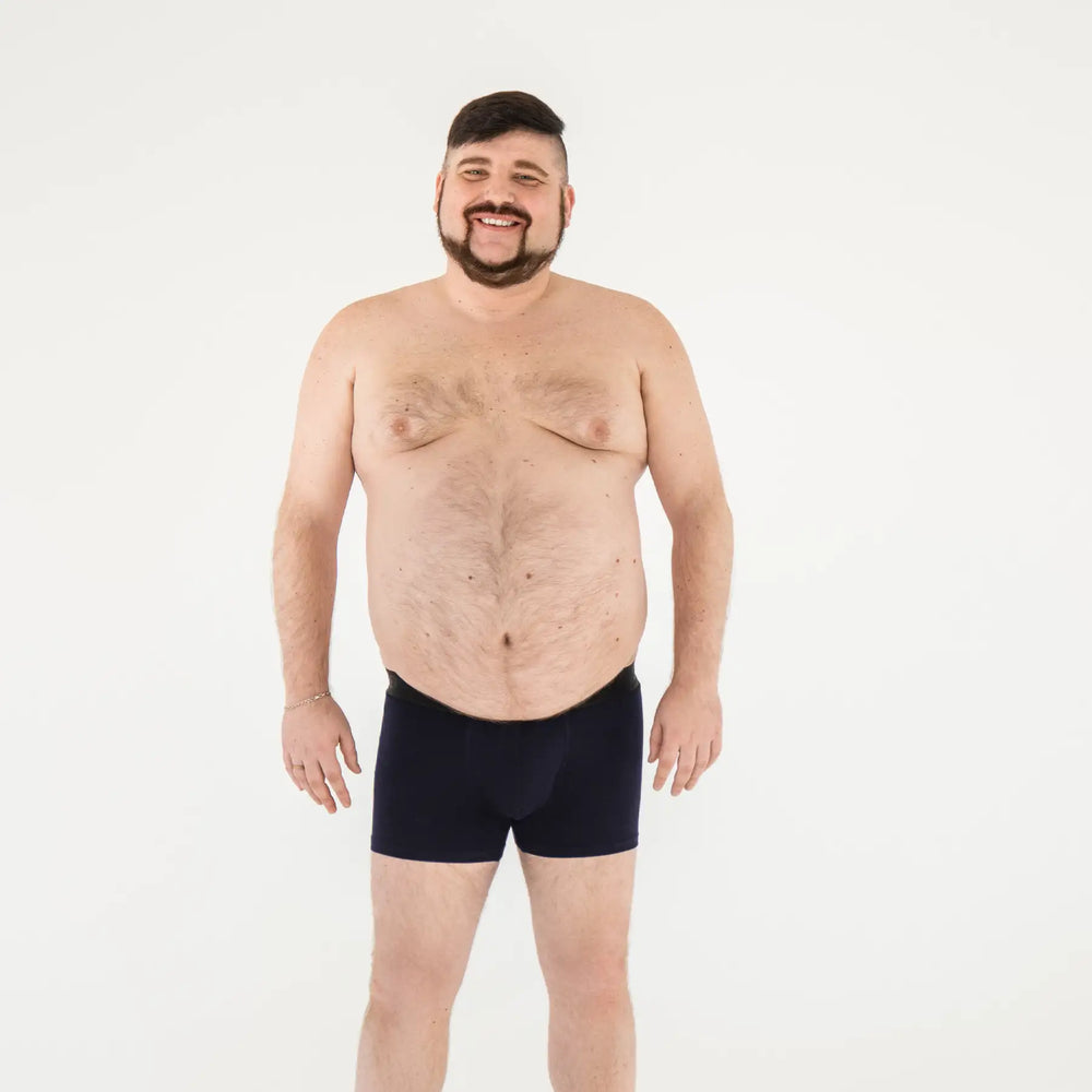 Comfortable plus-size men’s anatomical boxer briefs in navy by Man’s SET, no fly, full front view
