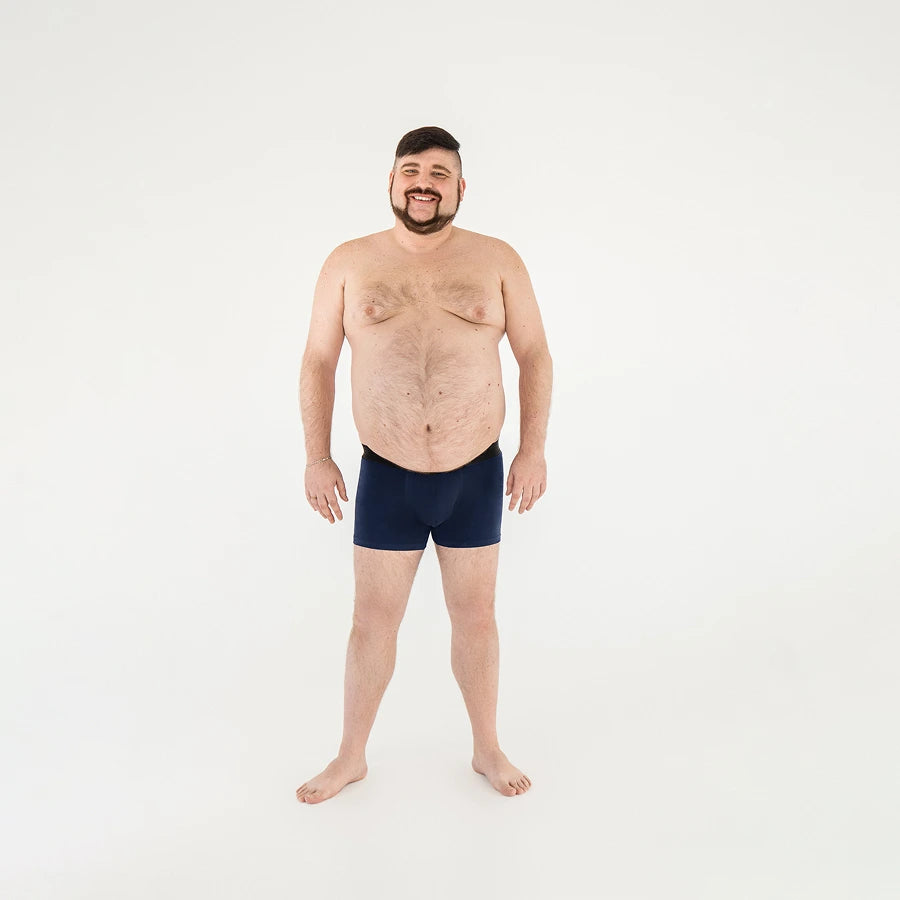 Men's plus size Anatomical Boxer Briefs Intimate No Fly with anatomical pouch in Navy On Model