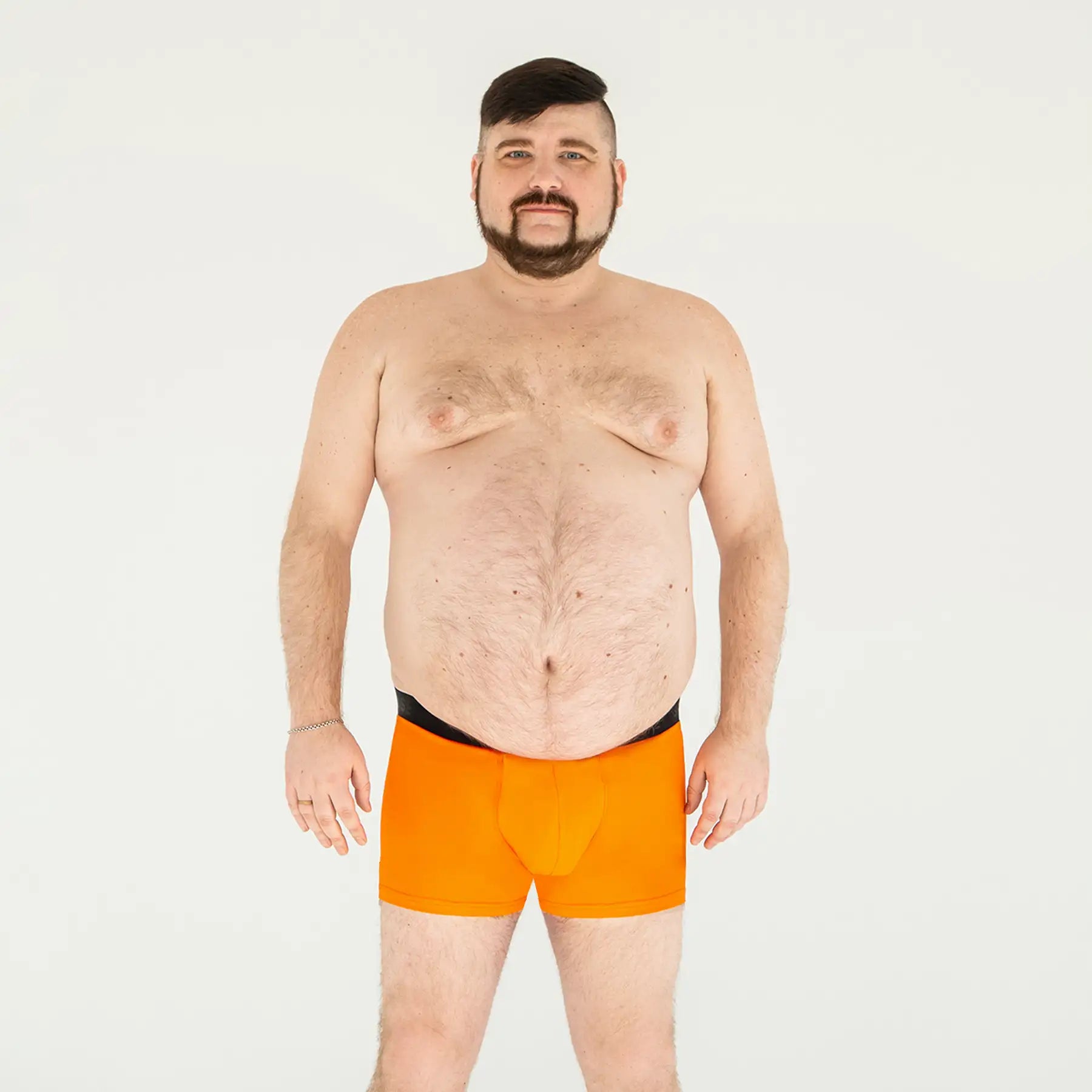 Orange anatomical men’s boxer briefs by Man’s SET, plus-size no fly style, full front view