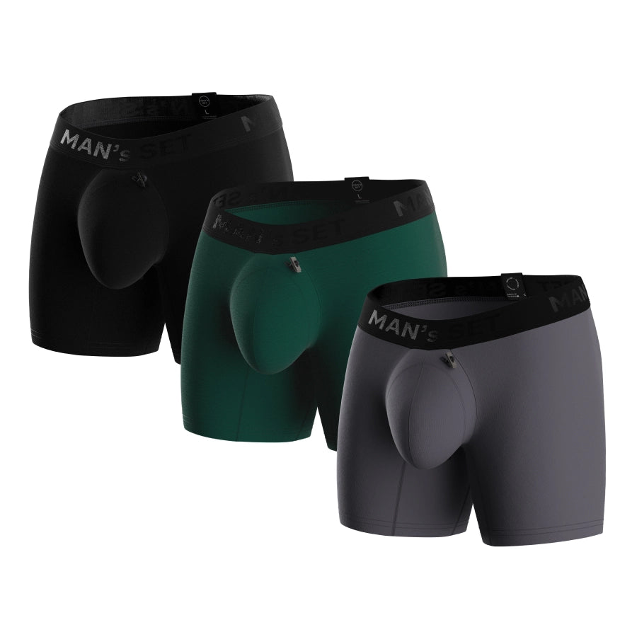 ProActive Soft Boxer Briefs 5.8″ 3-Pack, Black/Forest-Green/Graphite
