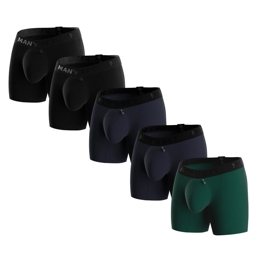 ProActive Soft Boxer Briefs 5.8″ 5-Pack, Black/Navy/Forest Green