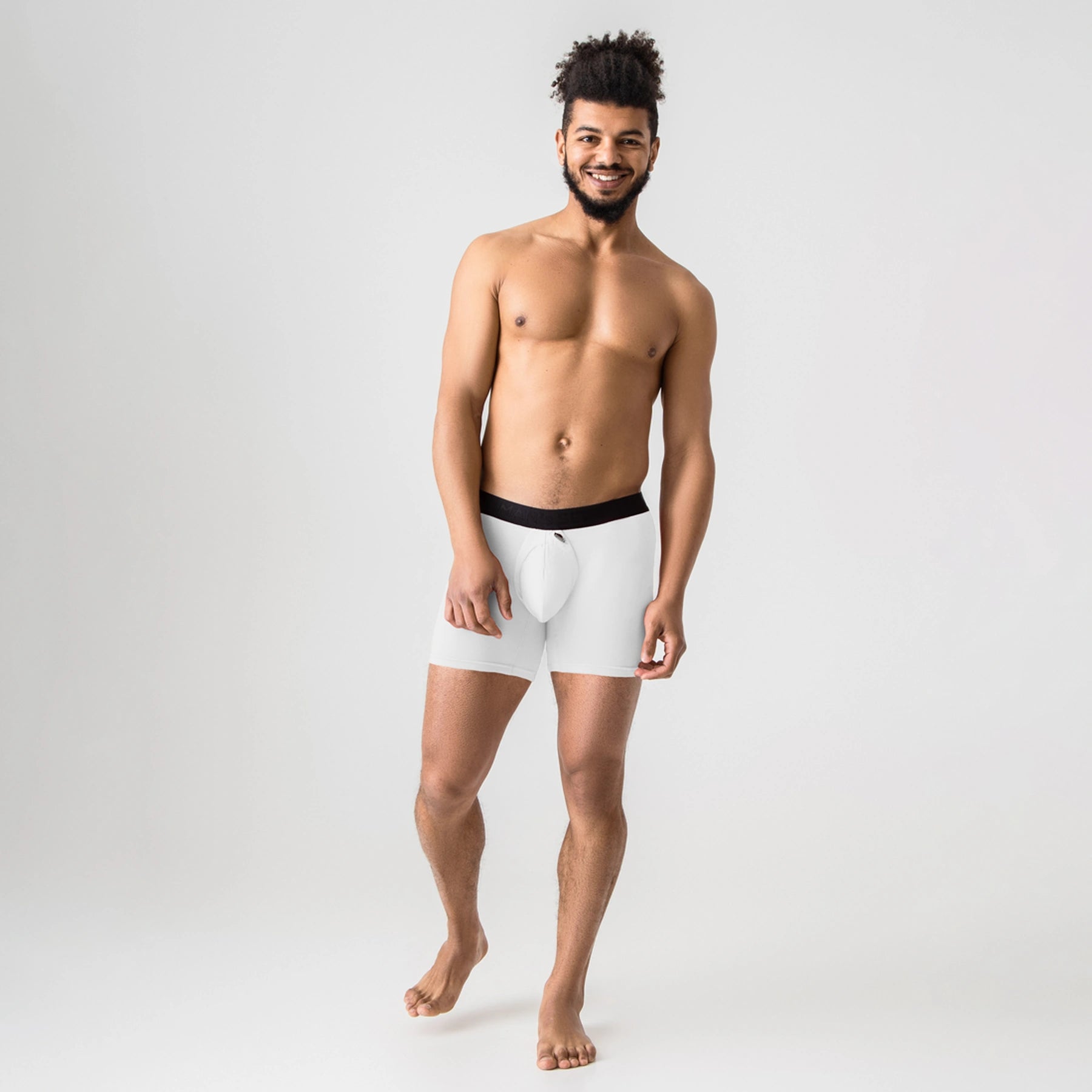 Man’s SET white ProActive boxer briefs with pouch drawstring, breathable comfortable men’s underwear, front view on model