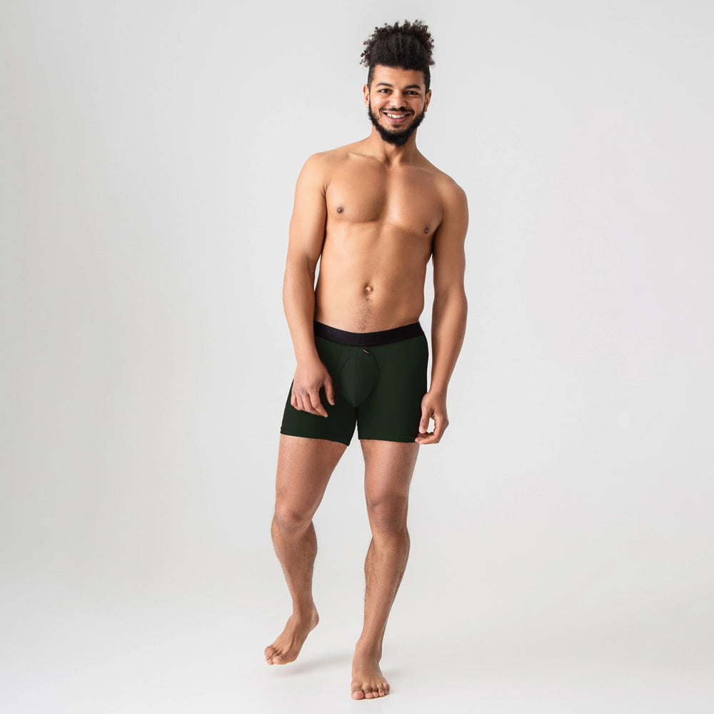 Comfortable men’s forest green boxer briefs by Man’s SET, adjustable anatomical pouch, front view