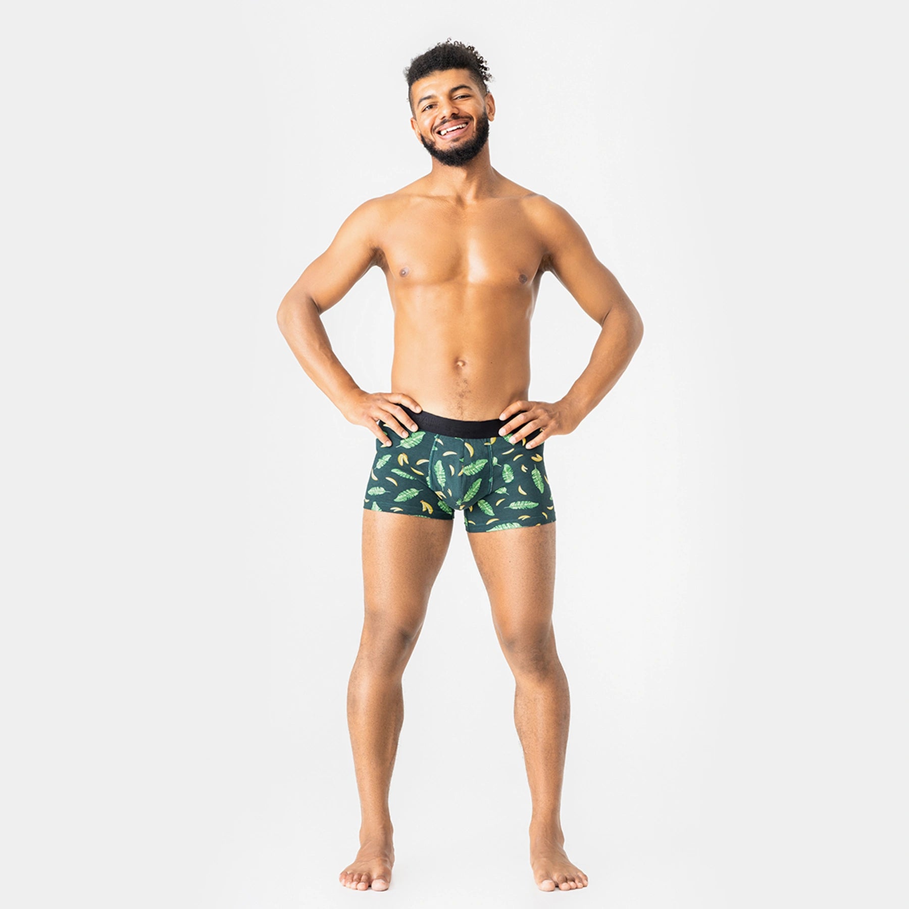 Comfortable men’s underwear by Man’s SET, PowerStretch Trunk 3.9'' in Tropical Vibes leaf print, full front view