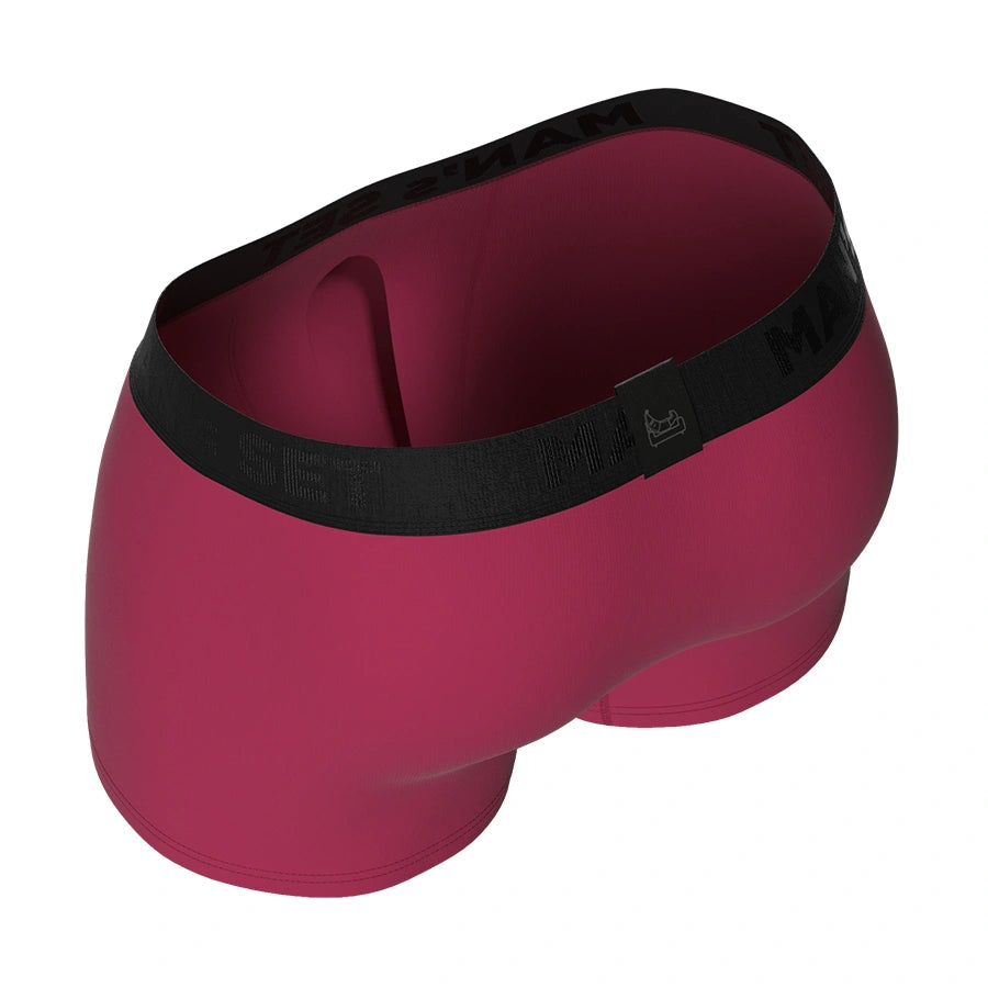 Man’s SET PowerStretch trunk in burgundy, anatomical men’s underwear with soft stretch fit, angled back view