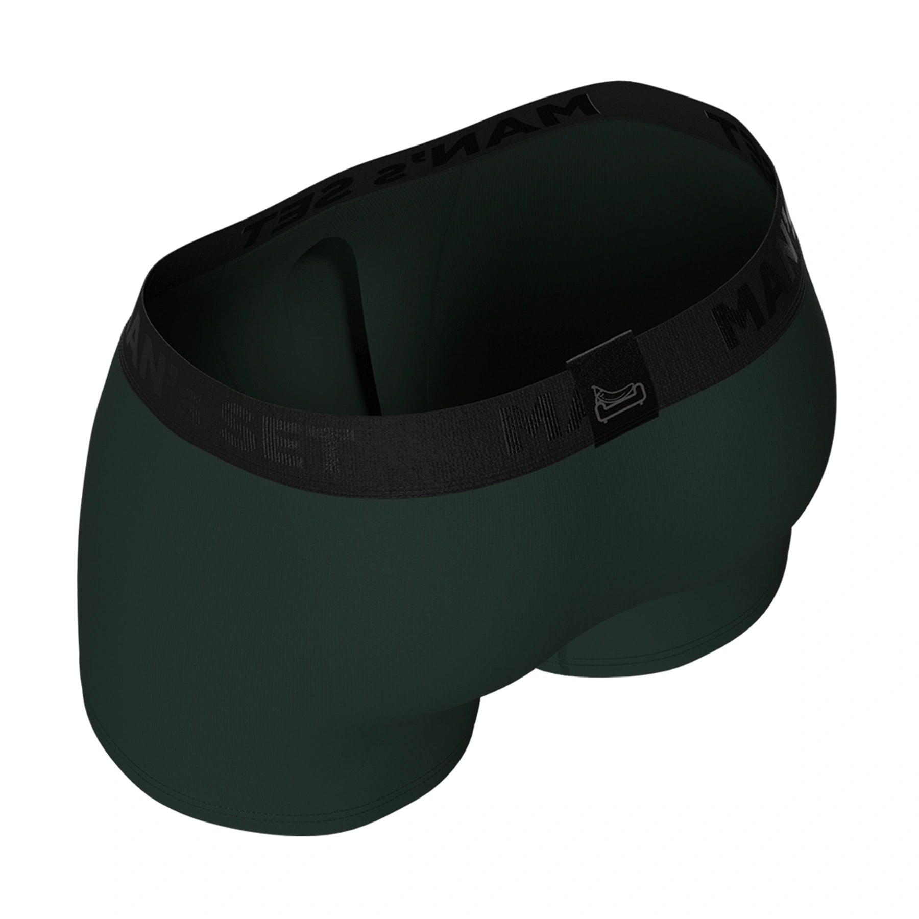 Forest green men’s PowerStretch trunk underwear by Man’s SET, lightweight back angle view