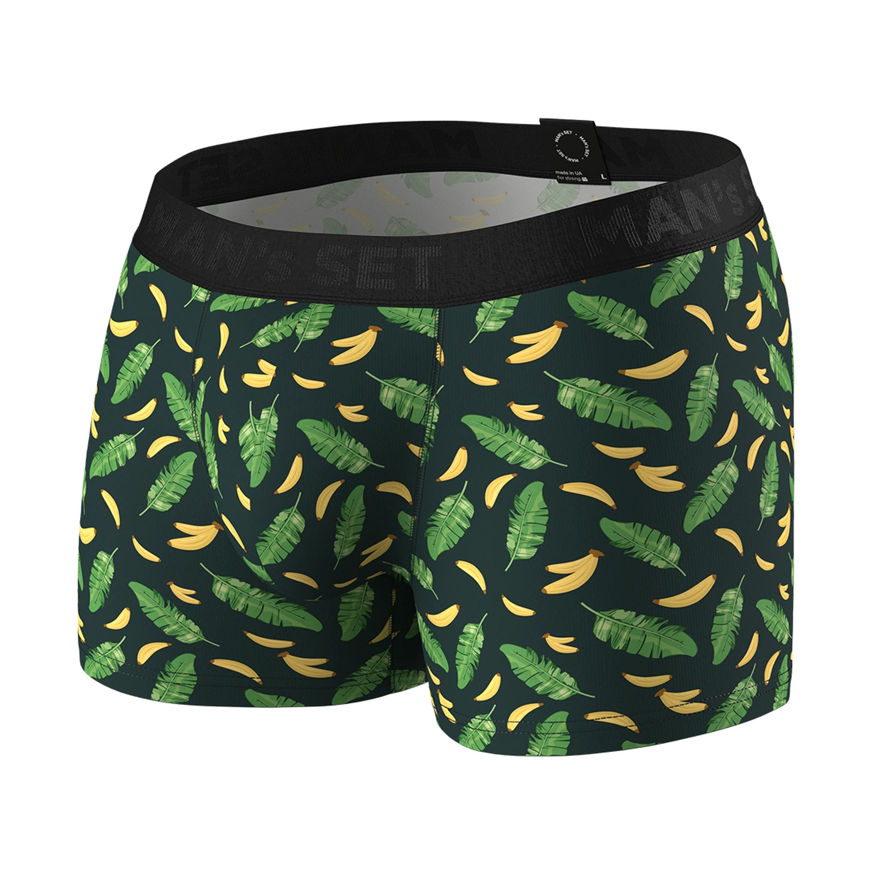 Man’s SET PowerStretch Trunk 3.9'' in Tropical Vibes print, comfortable men’s underwear with banana leaf pattern, front view