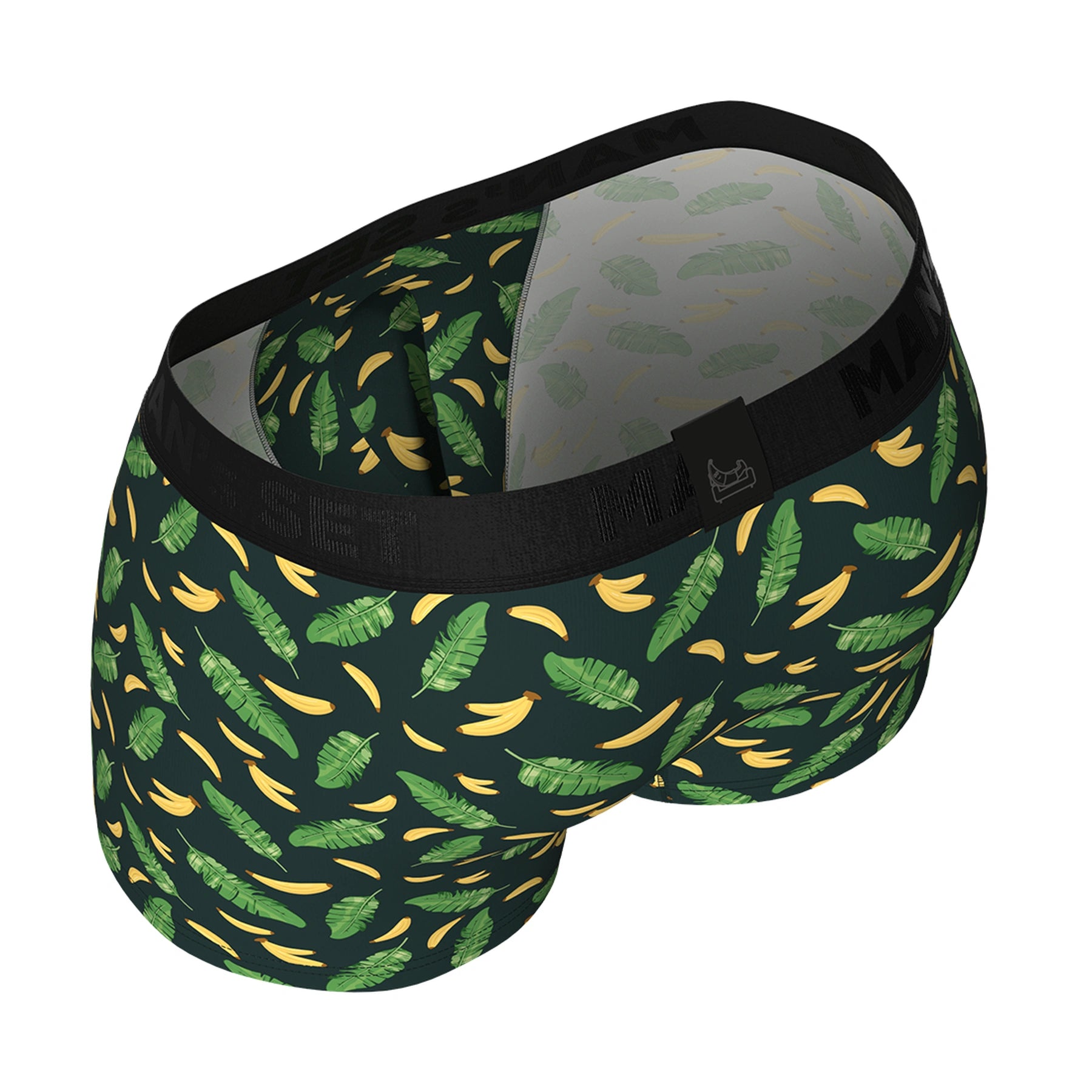 Man’s SET Tropical Vibes PowerStretch men’s underwear, green trunk with banana print, angled back view