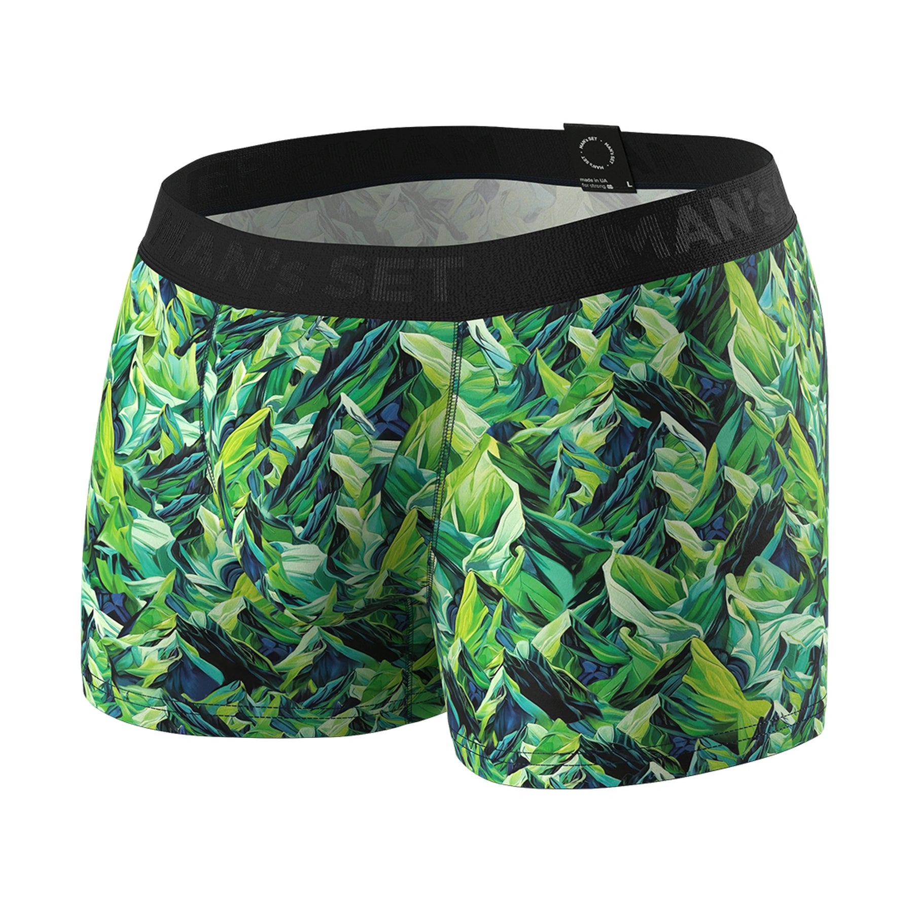 Man’s SET PowerStretch trunk 3.9" in green mountain leaf print, breathable and soft men’s underwear, front angle view