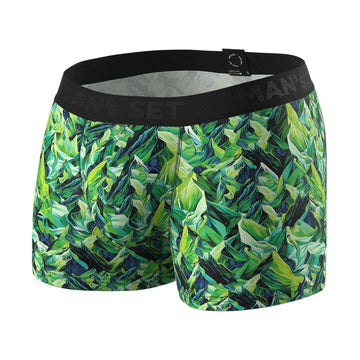 Man’s SET PowerStretch trunk 3.9" in green mountain leaf print, breathable and soft men’s underwear, front angle view