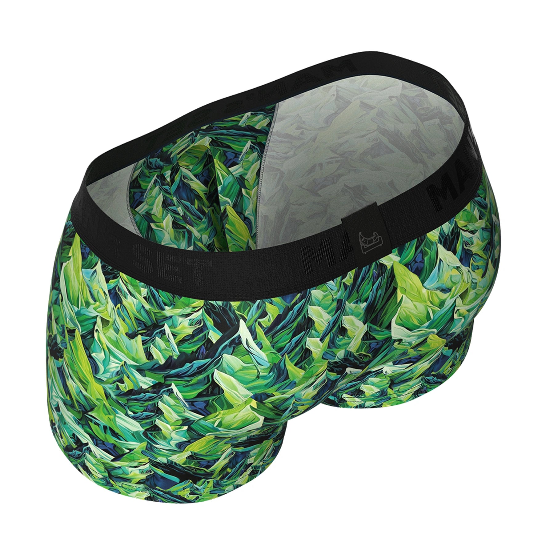 PowerStretch men’s trunk 3.9'' in green mountain print by Man’s SET, ultra-soft stretch fabric, back angle view