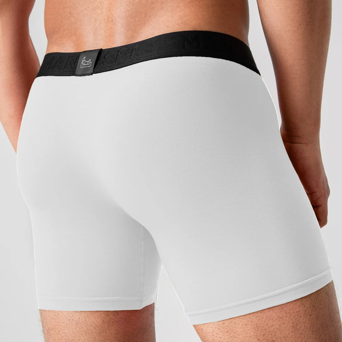 Man’s SET ProActive white boxer briefs, soft breathable men’s underwear with 5.8" inseam, back view