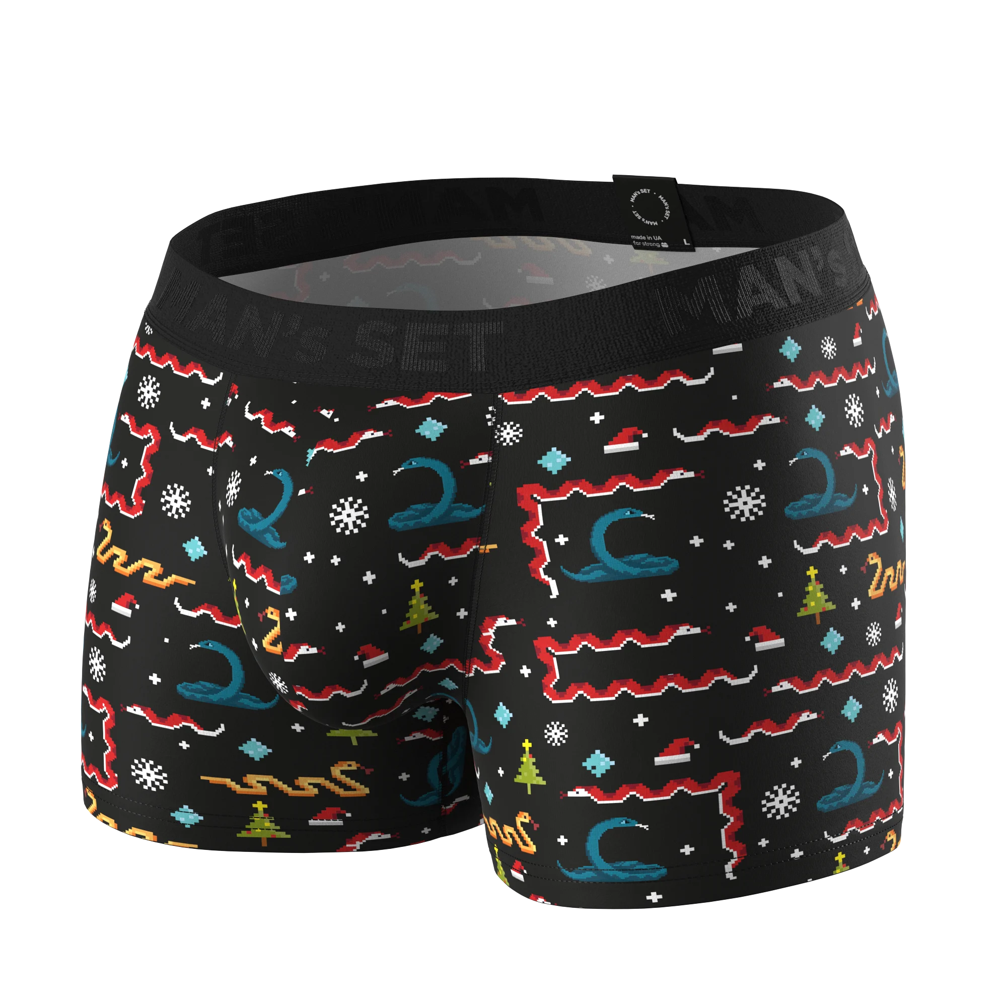 Man’s SET PowerStretch trunk 3.9" in festive black snake print, breathable and supportive men’s underwear, front view