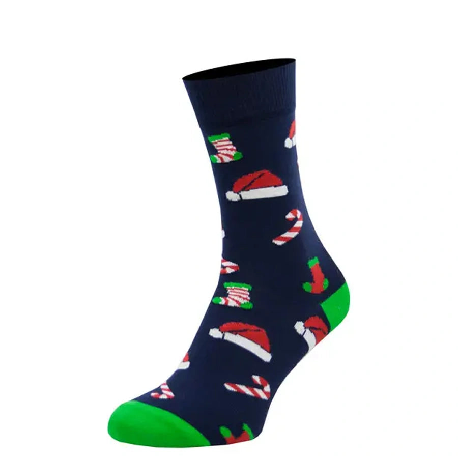 Man’s SET cotton Christmas socks in festive candies pattern, navy with red, white, and green print, side view