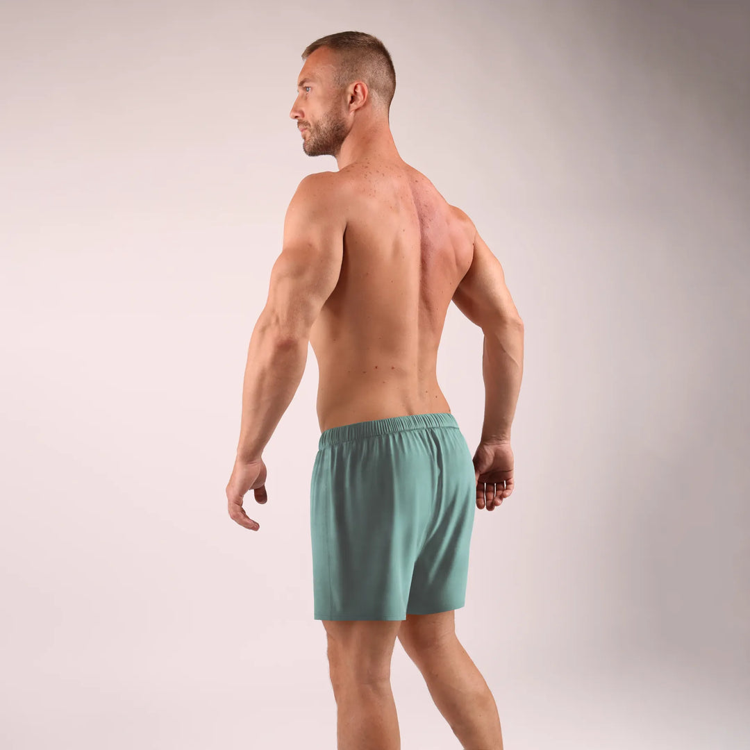 Man’s SET mint green loose fit men’s boxers, 3.2-inch inseam breathable cotton underwear, back angled view