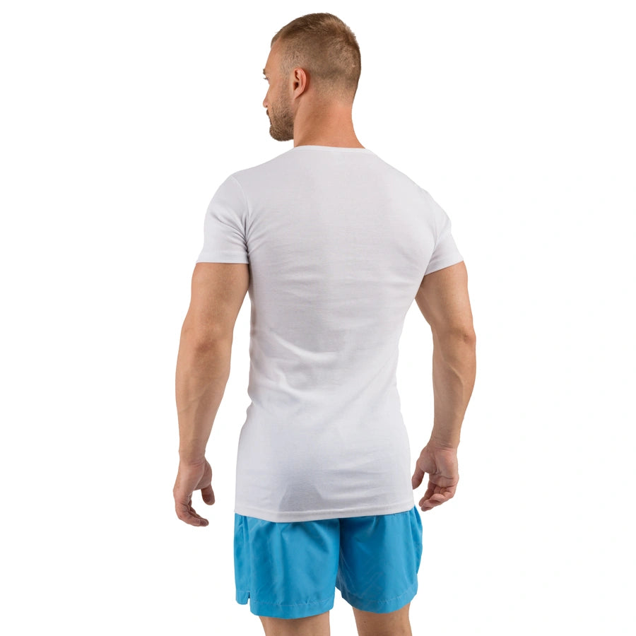 White 100% cotton undershirt T-shirt, slim-fit base layer, breathable men’s tee, back view
