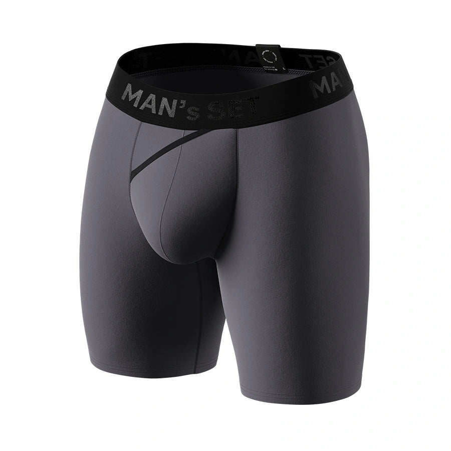 Man’s SET UltraSoft graphite boxer briefs, anatomical men’s underwear with open fly, front view