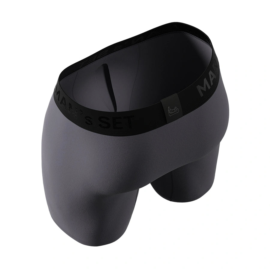 Man’s SET graphite UltraSoft boxer briefs, breathable men’s underwear with black waistband, back view