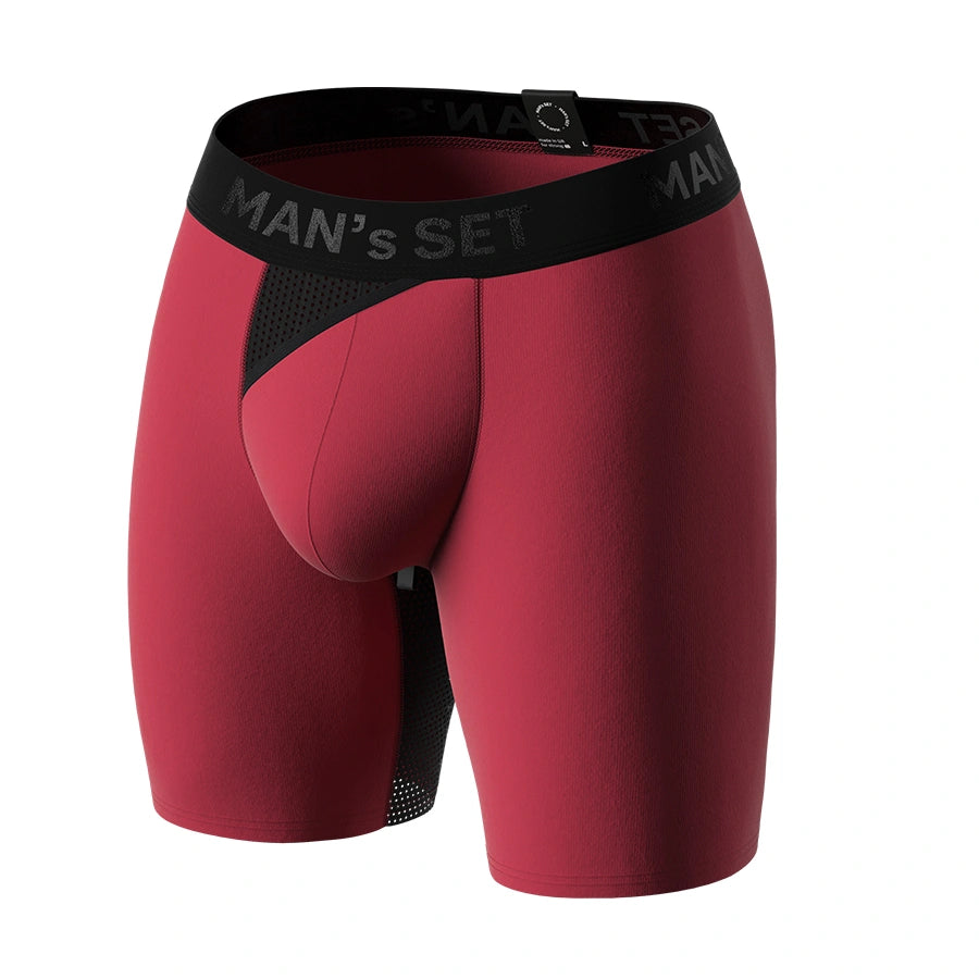 Burgundy AirFlow boxer briefs by Man’s SET, breathable anatomical men’s underwear with mesh fly, front view