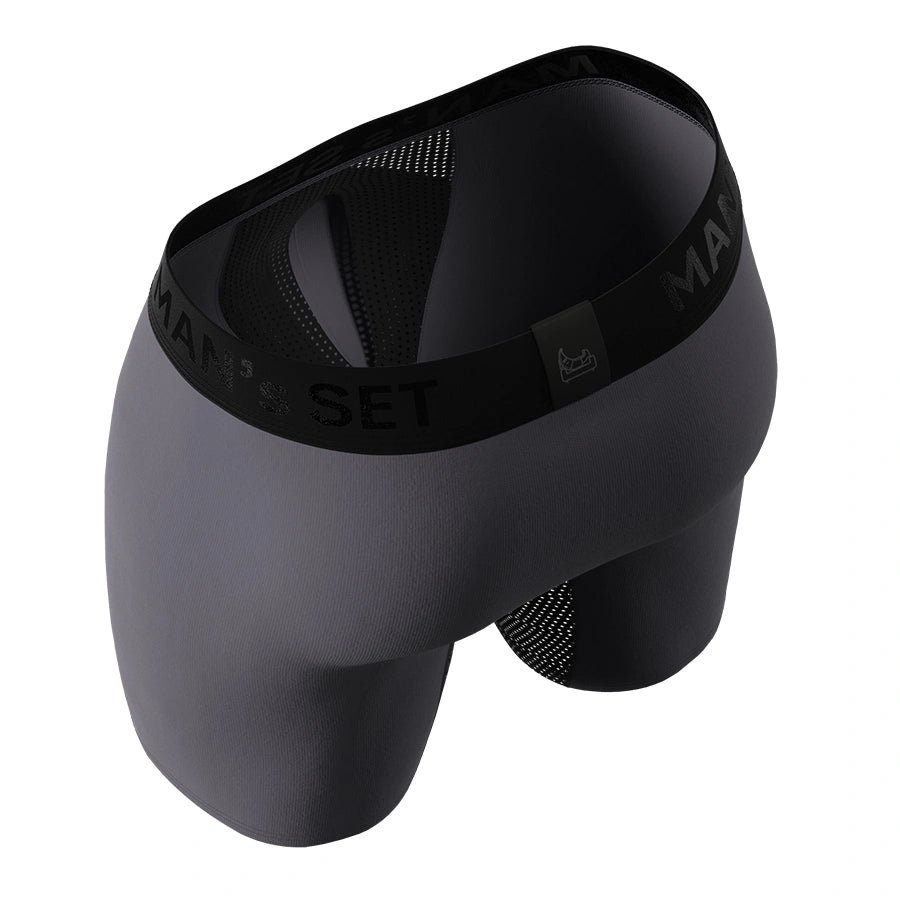 Man’s SET AirFlow boxer briefs in graphite with mesh panels, breathable men’s underwear, back angled view