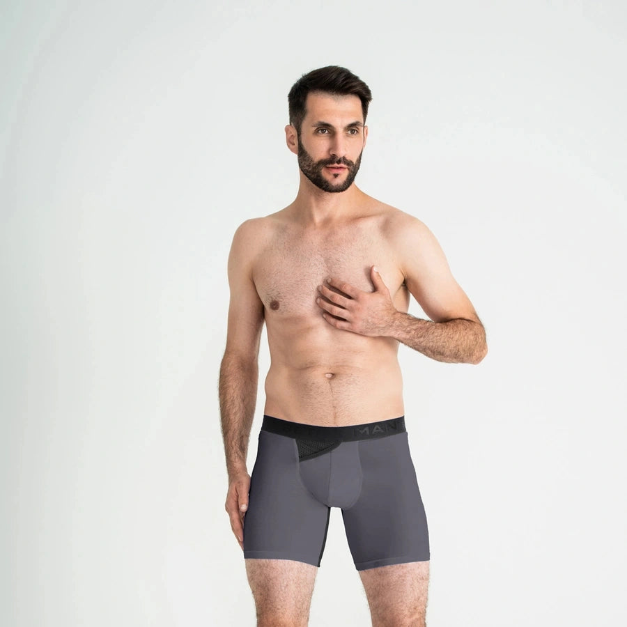 Graphite AirFlow boxer briefs by Man’s SET, breathable anatomical men’s underwear, full front view