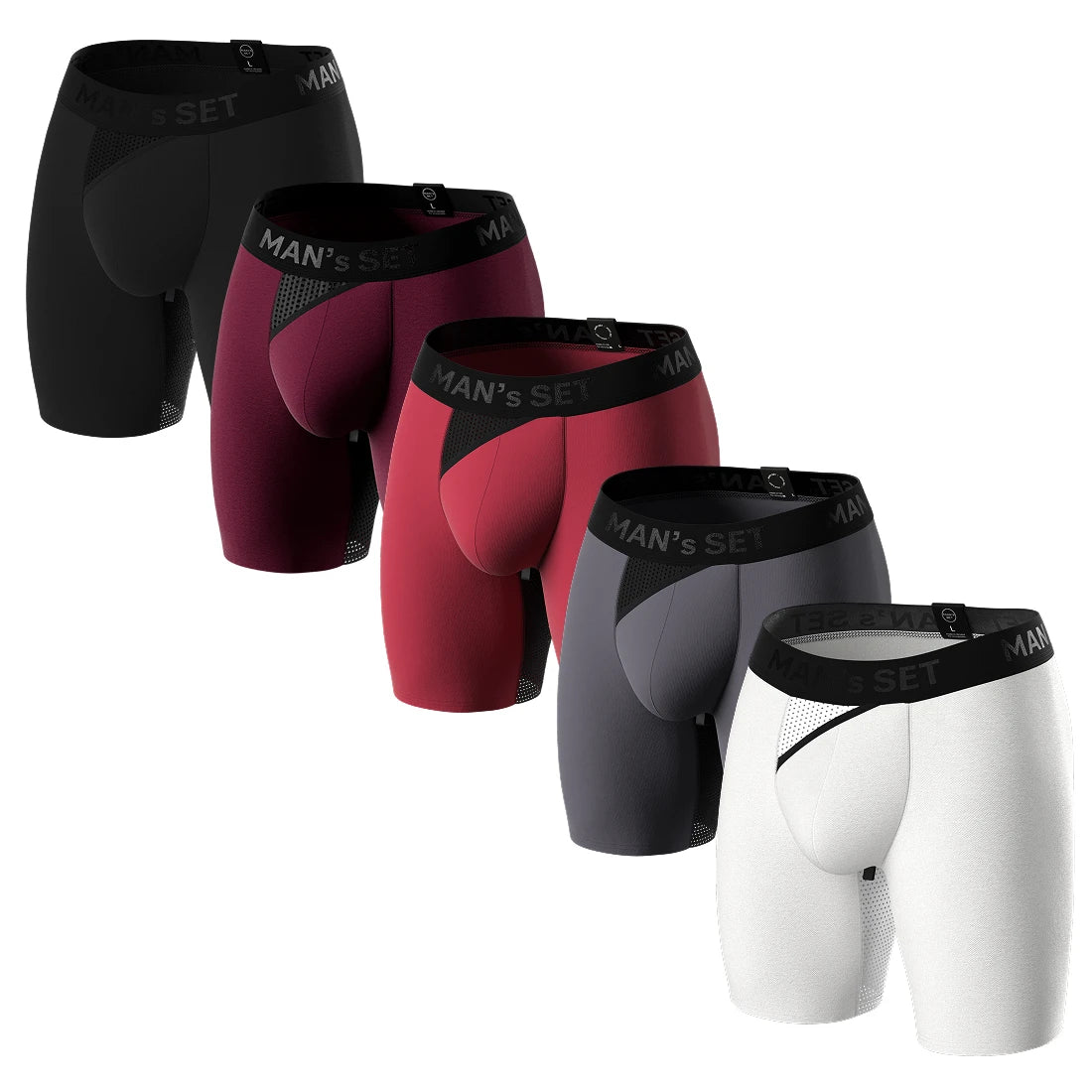 AirFlow Boxer Briefs 7.6" 5-Pack, Black/Burgundy/Plum/Graphite/White