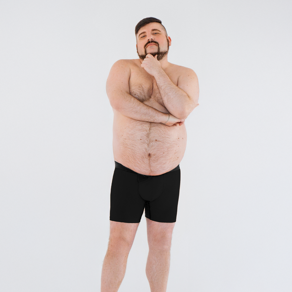 Black anatomical boxers briefs with skew fly by Man’s SET, Light Plus-Size line, front view
