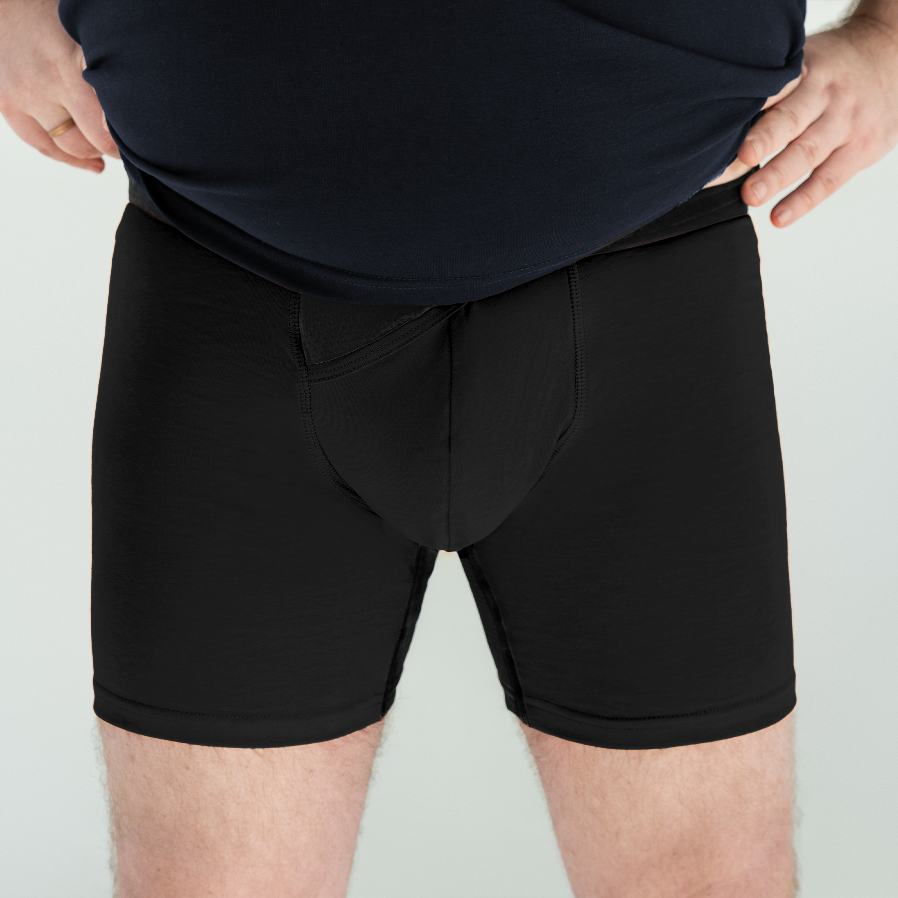 Black anatomical long boxers with skew fly by Man’s SET, Light Plus collection, close-up front view