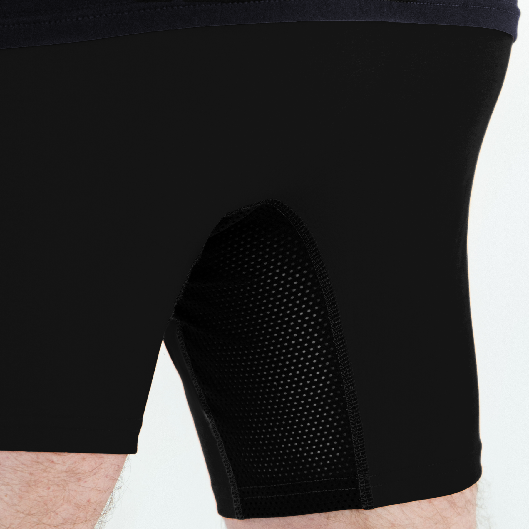 Black anatomical Plus-Size Light boxers briefs with skew fly by Man’s SET, mesh panel detail, close-up view