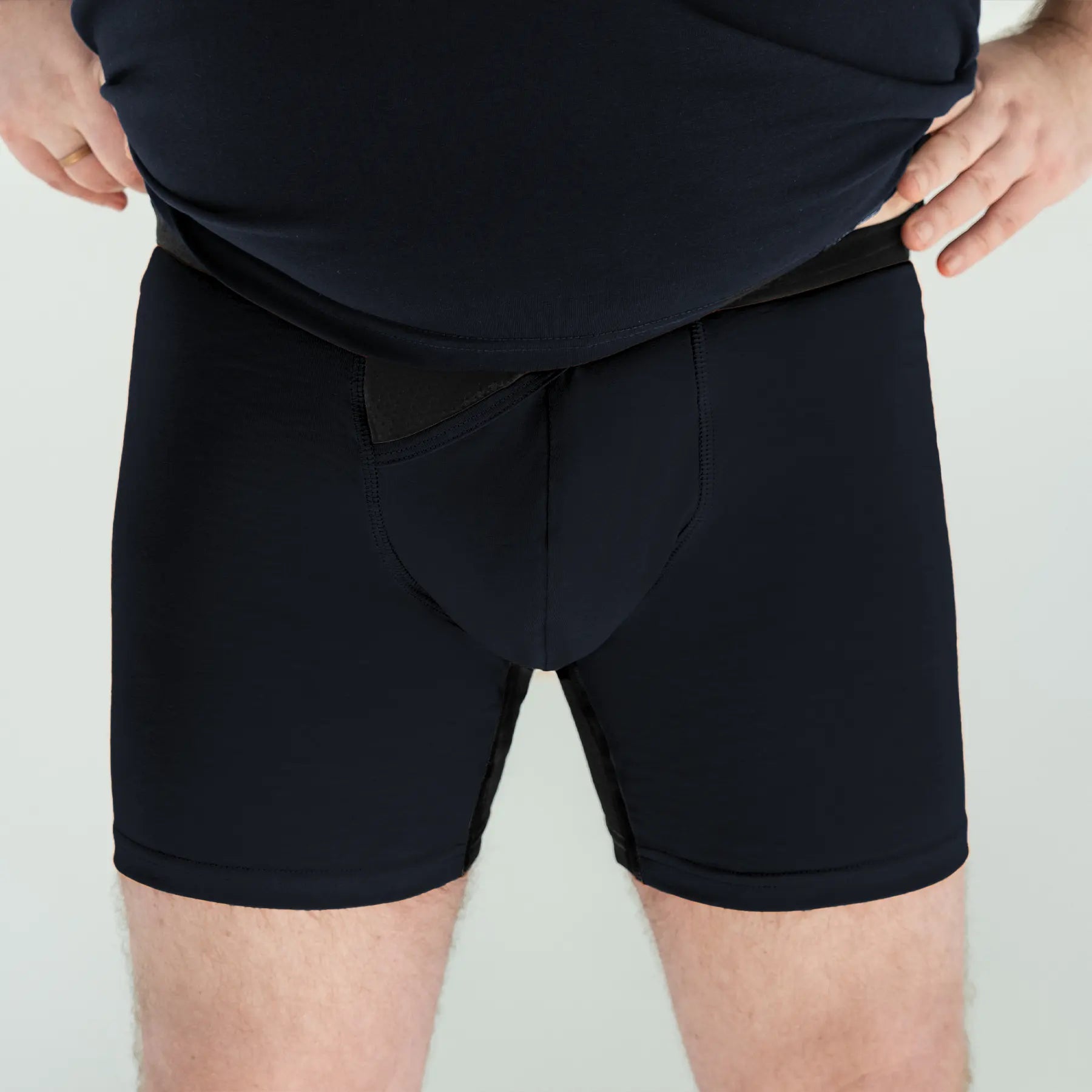 Navy anatomical long boxers with skew fly by Man’s SET, Light Plus-Size collection, close-up front view