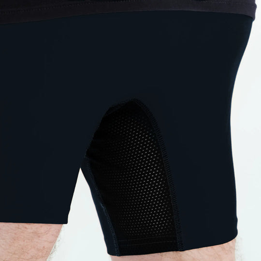 Navy anatomical long boxers with skew fly by Man’s SET, Light Plus-Size mesh panel, side close-up