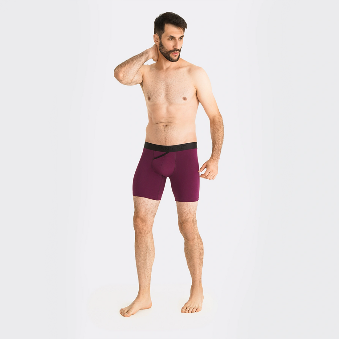 Man’s SET plum UltraSoft boxer briefs, anatomical men’s underwear with open fly, breathable fabric, angled front view