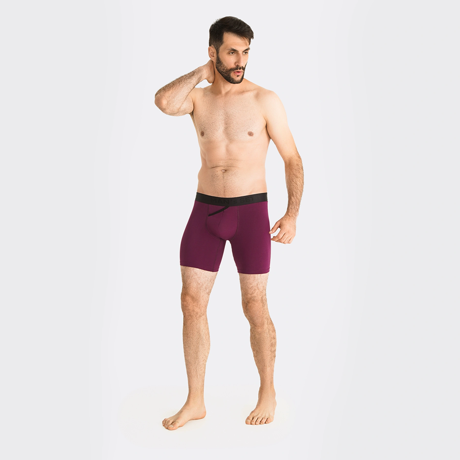 Comfortable men’s underwear by Man’s SET, plum UltraSoft boxer briefs with anatomical pouch, front view