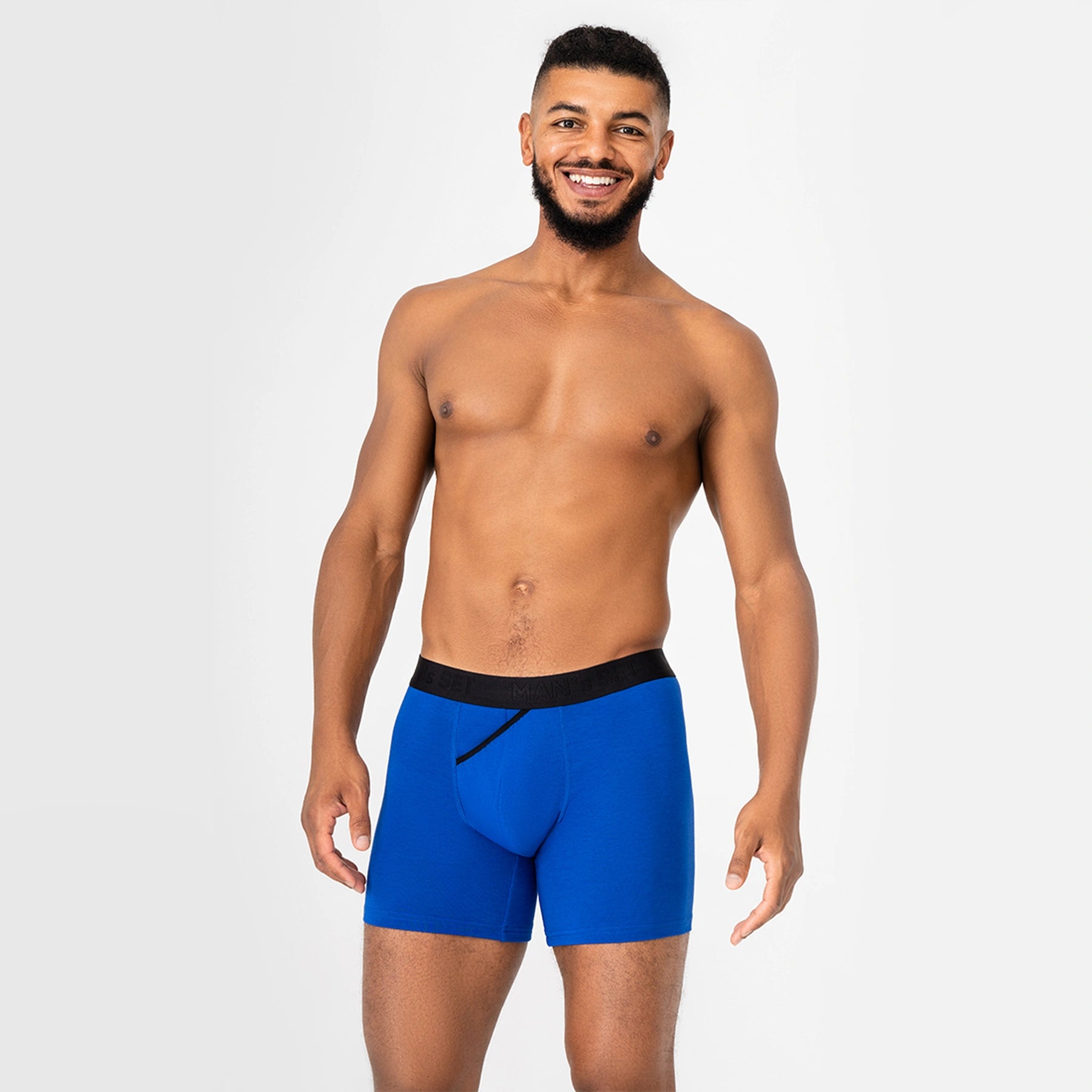 Electric blue CoolCore micromodal boxer briefs for men by Man’s SET, comfortable fit, front view