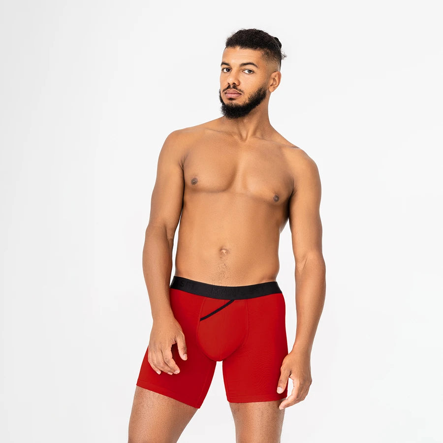 Men’s Boxer Briefs UltraSoft with skew fly pouch in Red On Model