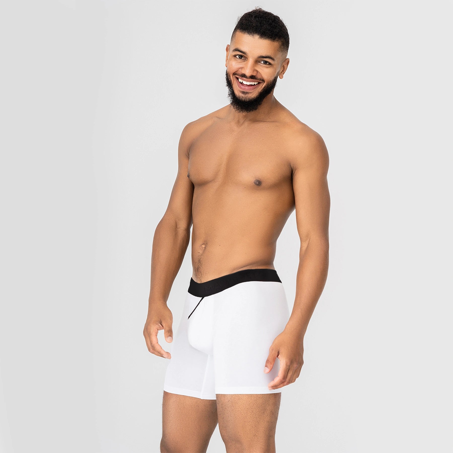CoolCore Micromodal men’s underwear by Man’s SET, white boxer briefs with open fly, side view
