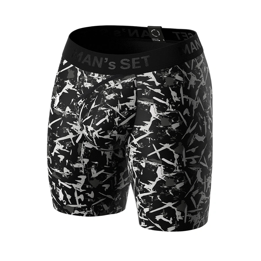 Man’s SET UltraSoft men’s boxer briefs in black with Ink Splash print, breathable anatomical underwear, front angled view