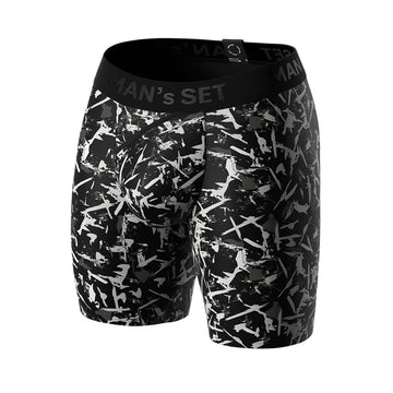 Man’s SET UltraSoft men’s boxer briefs in black with Ink Splash print, breathable anatomical underwear, front angled view