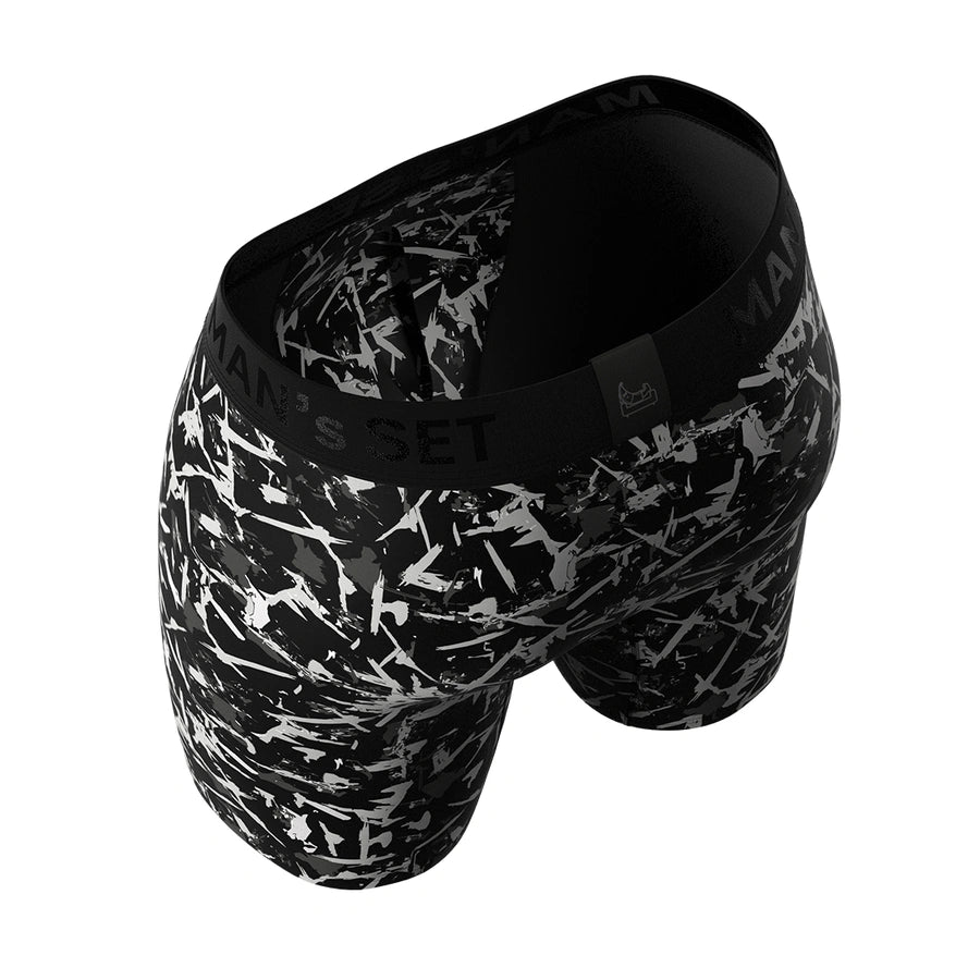 Man’s SET UltraSoft black boxer briefs with grey ink splash print, breathable men’s underwear, angled back view