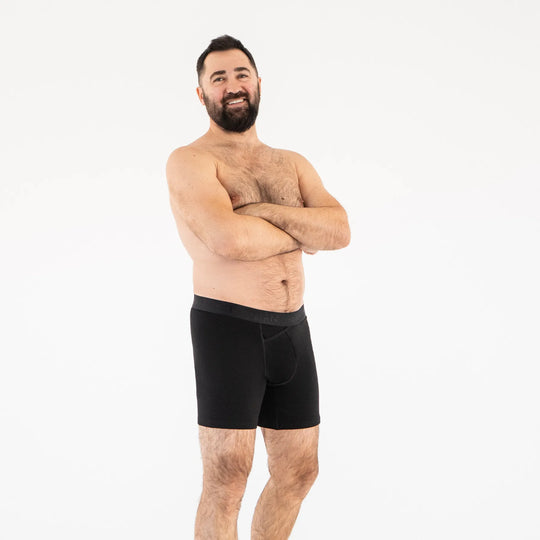 Man’s SET black anatomical long boxer briefs with skew fly, plus-size men’s underwear, angled front view