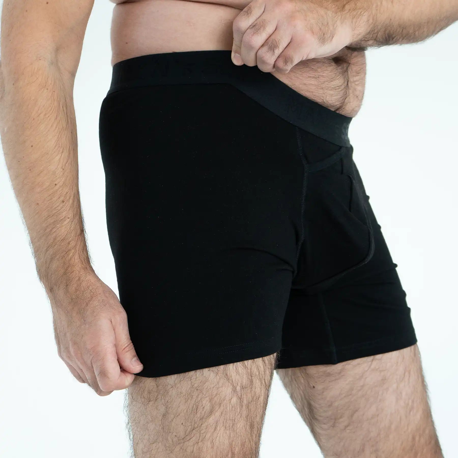 Man’s SET black anatomical long boxer briefs Plus with skew fly, supportive men’s underwear, side view