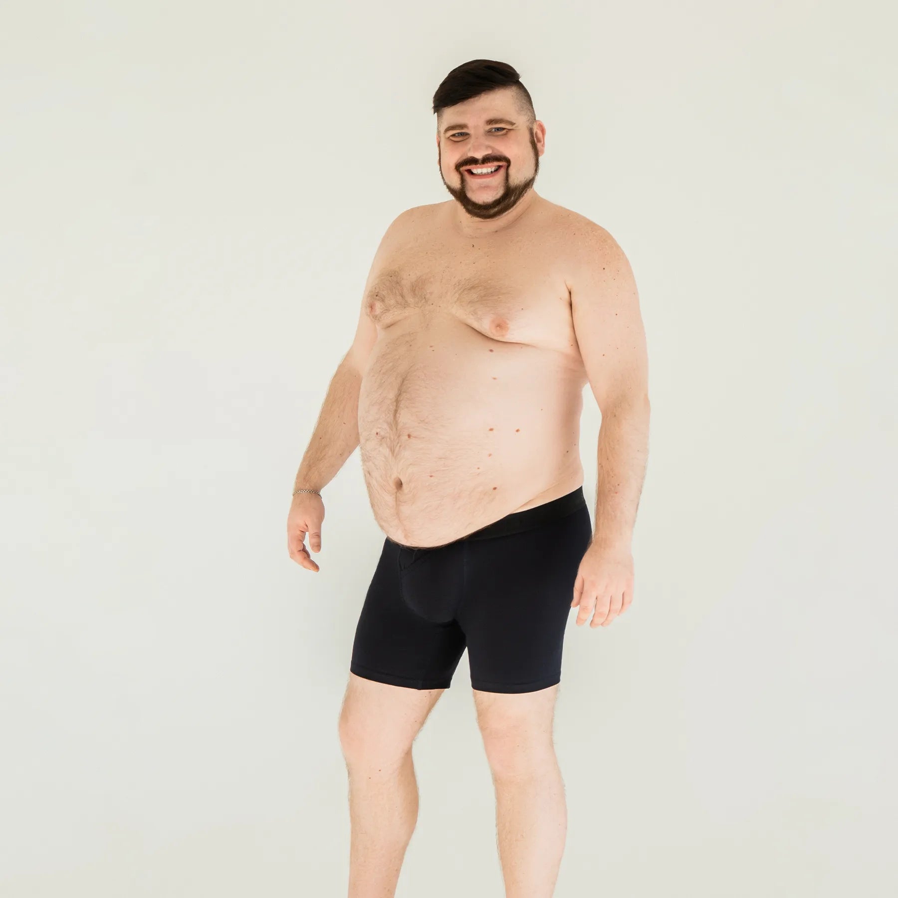 Plus-size men’s anatomical boxer briefs in black by Man’s SET, skew fly feature, front view