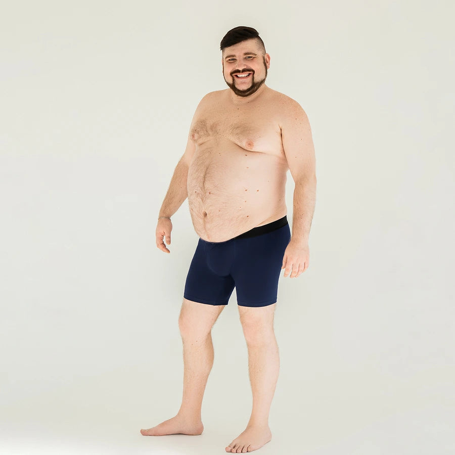 Men's plus size Anatomical Long Boxer Briefs with skew fly in Navy On Model