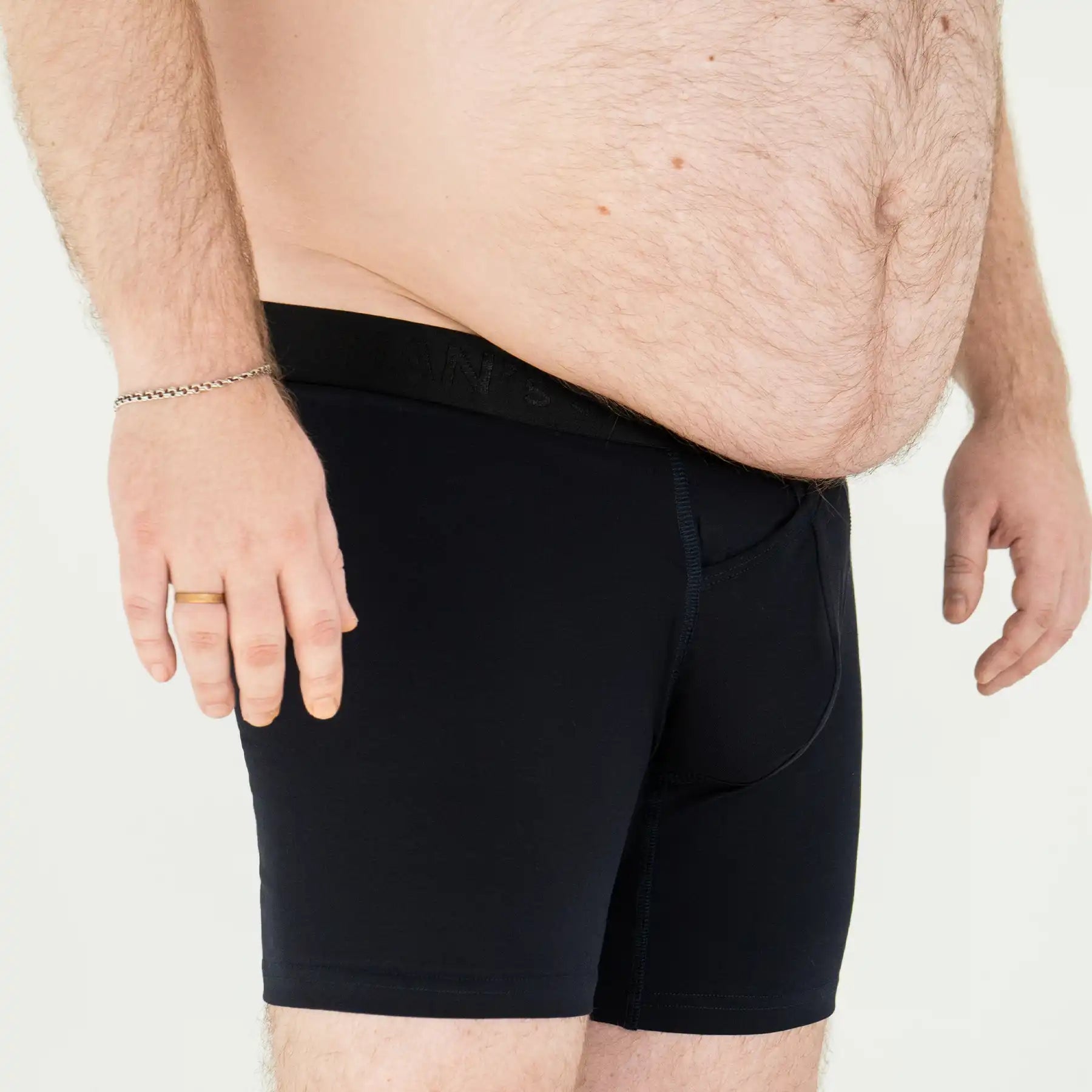 Man’s SET black anatomical long boxer briefs with skew fly, plus-size supportive underwear, side view