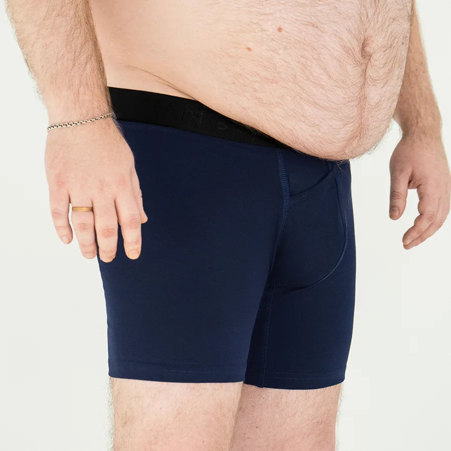 Men's plus size Anatomical Long Boxer Briefs with skew fly in Navy Pouch Detail