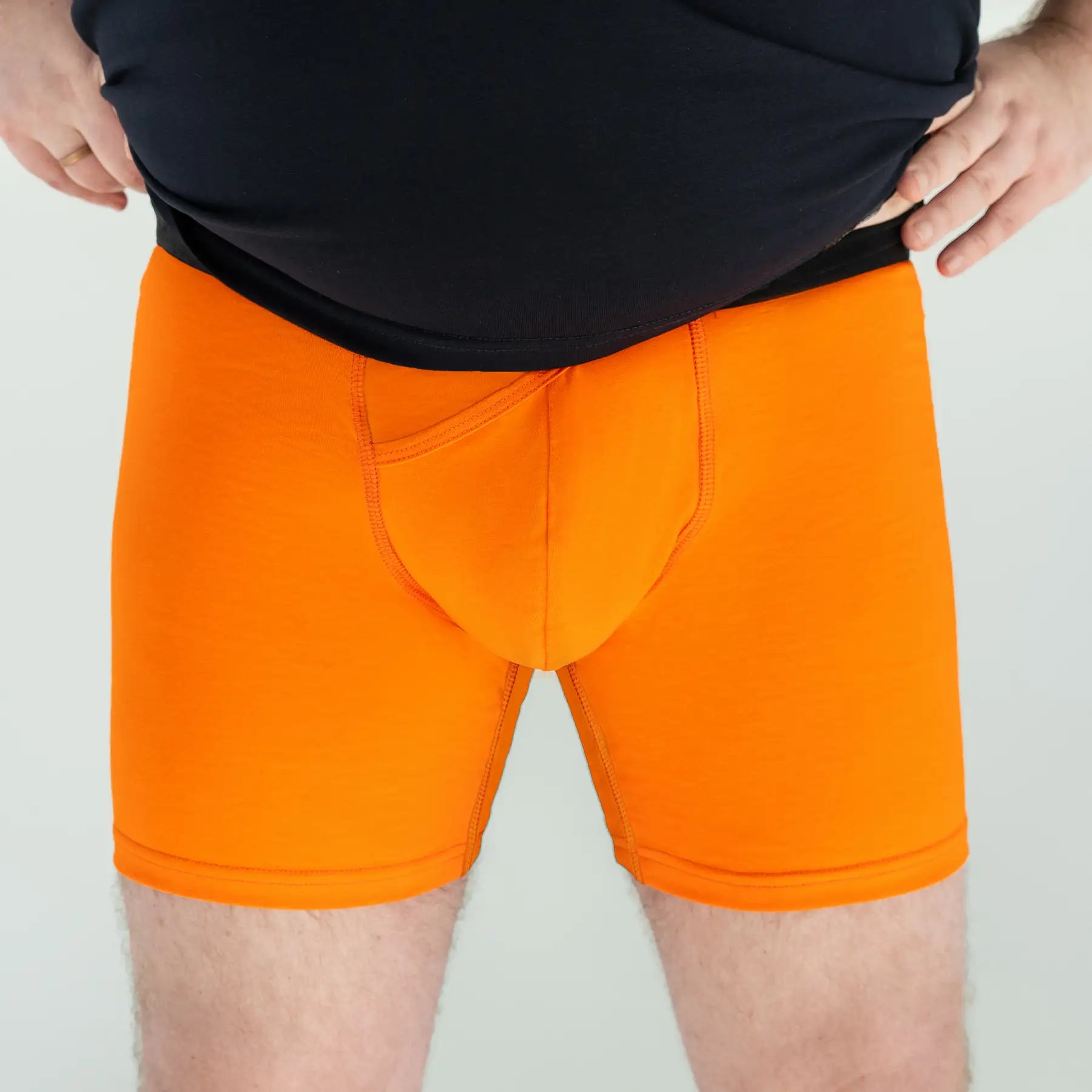 Orange Plus-size anatomical boxer briefs by Man’s SET with skew fly, long cut, close-up front view