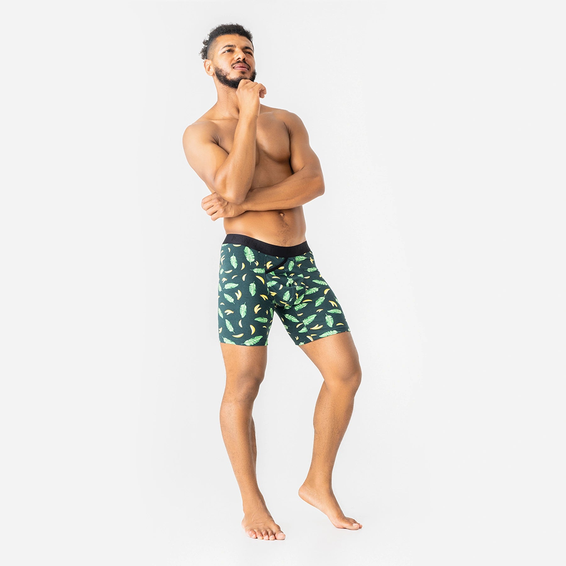 Comfortable men’s underwear by Man’s SET, Tropical Vibes boxer briefs with banana leaf print, front view